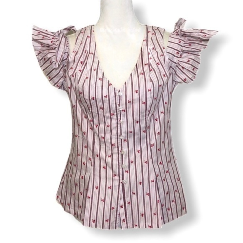 NWOT Belle Sky Red White Floral Poplin Blouse Top